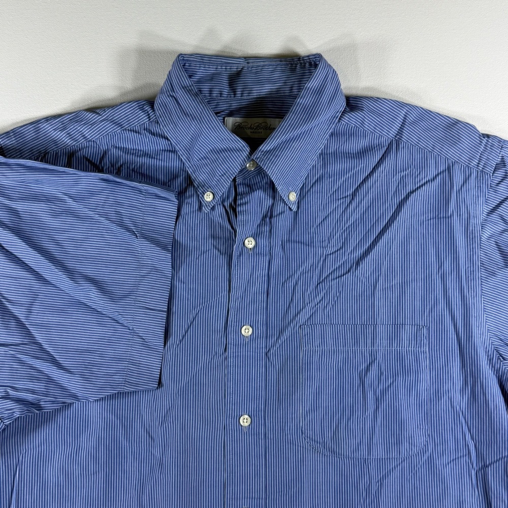 VTG Brooks Brothers Makers Short Sleeve Shirt Mens 16.5 Blue Striped Preppy USA